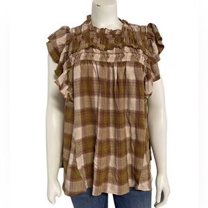 Free People Plaid Ruffle Top - Brown and Pink